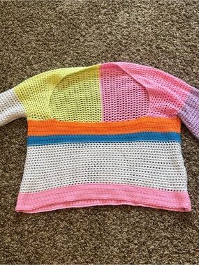 Y2K Rainbow Crochet Bell Sleeve Crop Sweater Mesh Knit Festival Top XS/S